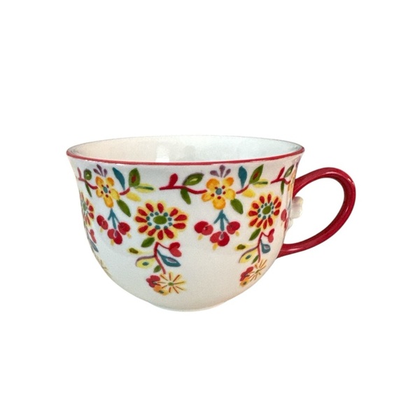 Anthropologie Cadiz Painted Floral 3D Flower Red Yellow Coffee Tea Mug Cup - Picture 1 of 8